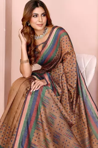 Brown printed art silk designer pallu saree