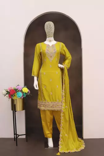 Yellow color embroidery work fendy silk wedding wear salwar suit