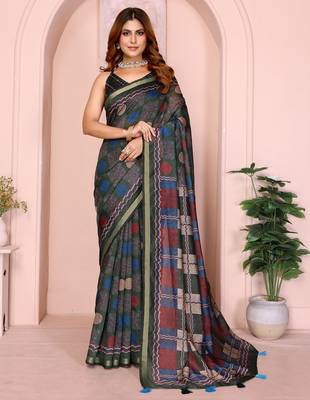 Grey printed art silk designer pallu saree 1