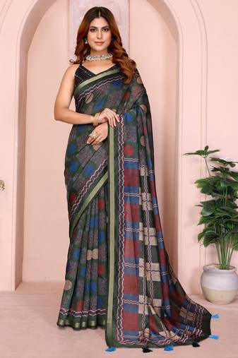 Grey printed art silk designer pallu saree