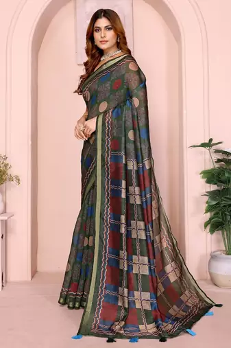 Grey printed art silk designer pallu saree