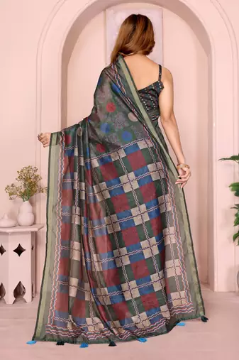 Grey printed art silk designer pallu saree