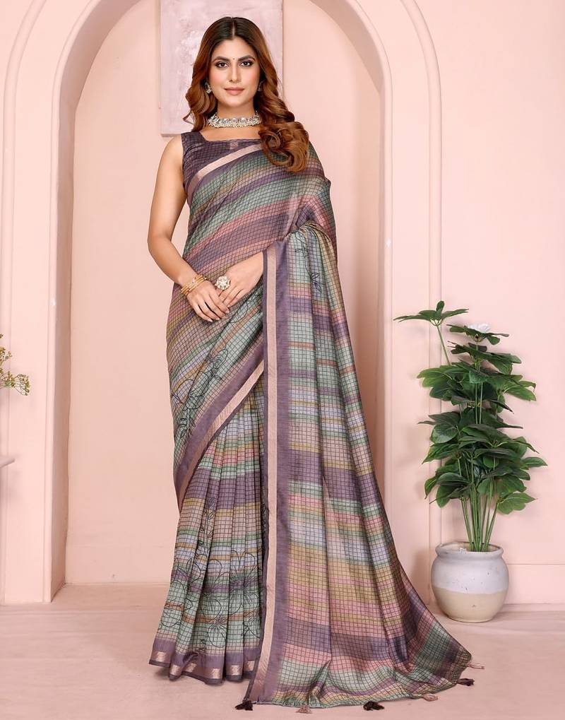 Multicolor printed art silk designer pallu saree