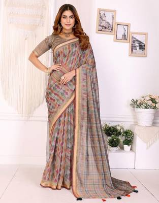 Cream printed art silk designer pallu saree 1