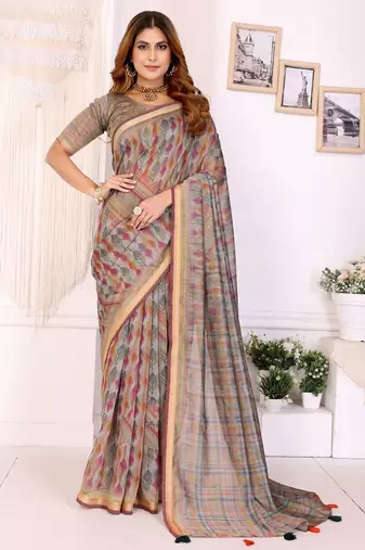 Cream printed art silk designer pallu saree