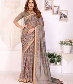 Cream printed art silk designer pallu saree