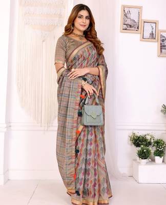 Cream printed art silk designer pallu saree 2