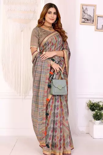 Cream printed art silk designer pallu saree