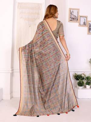 Cream printed art silk designer pallu saree 3