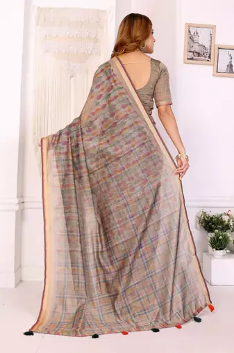 Cream printed art silk designer pallu saree