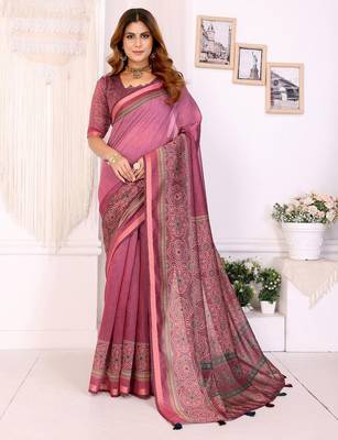 Baby pink printed art silk designer pallu saree 1