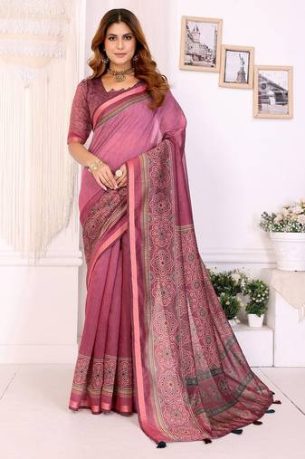 Baby pink printed art silk designer pallu saree