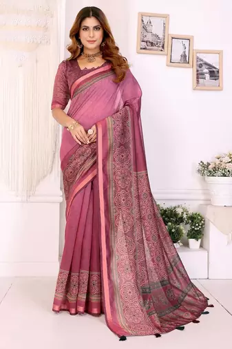 Baby pink printed art silk designer pallu saree