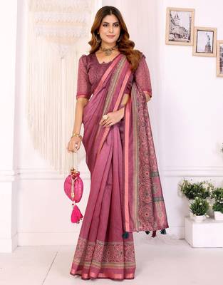 Baby pink printed art silk designer pallu saree 2