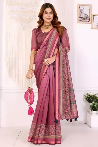 Baby pink printed art silk designer pallu saree