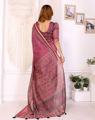 Baby pink printed art silk designer pallu saree 3