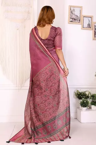 Baby pink printed art silk designer pallu saree