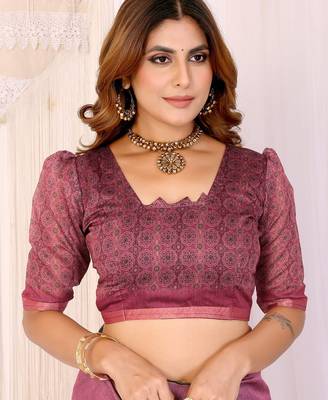 Baby pink printed art silk designer pallu saree 5