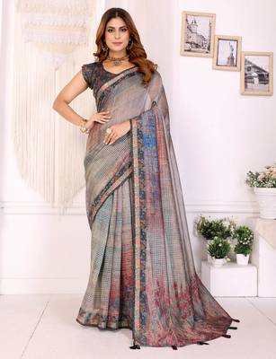 Grey printed art silk designer pallu saree 1