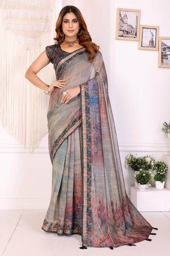 Grey printed art silk designer pallu saree