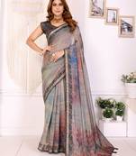 Grey printed art silk designer pallu saree