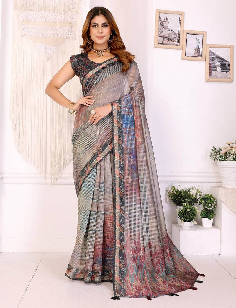 Grey printed art silk designer pallu saree