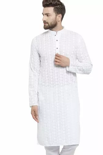 White chikankari cotton embroidery men kurta