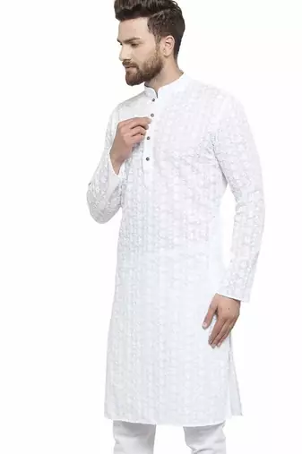 White chikankari cotton embroidery men kurta