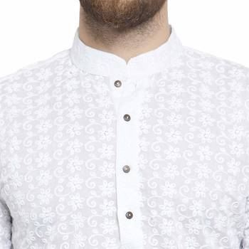 White chikankari cotton embroidery men kurta 4