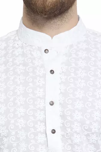 White chikankari cotton embroidery men kurta