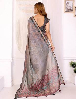 Grey printed art silk designer pallu saree 3