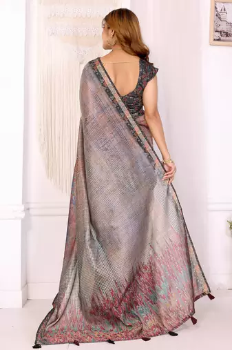 Grey printed art silk designer pallu saree
