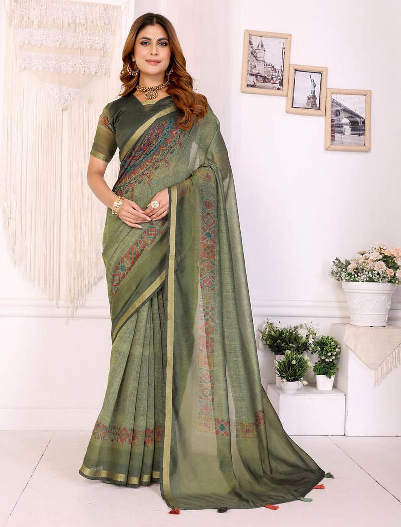 Mehendi printed art silk designer pallu saree