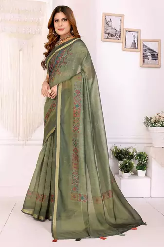 Mehendi printed art silk designer pallu saree