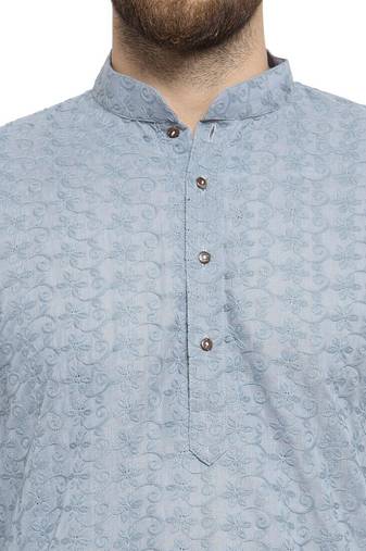 Light grey chikankari cotton embroidery men kurta