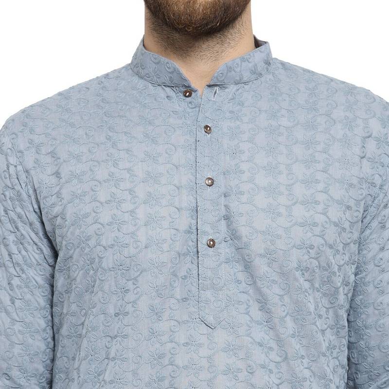 Light grey chikankari cotton embroidery men kurta