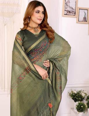 Mehendi printed art silk designer pallu saree 4