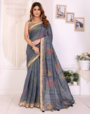 Grey printed art silk designer pallu saree 1