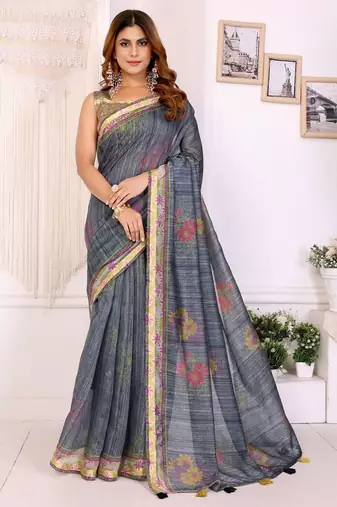 Grey printed art silk designer pallu saree