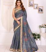 Grey printed art silk designer pallu saree