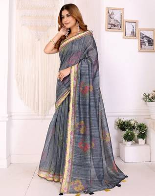 Grey printed art silk designer pallu saree 2