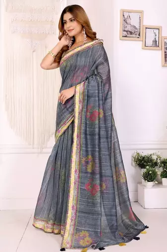 Grey printed art silk designer pallu saree