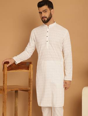 White chikankari cotton embroidery men kurta 1