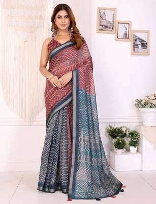 Orange printed art silk designer pallu saree 1