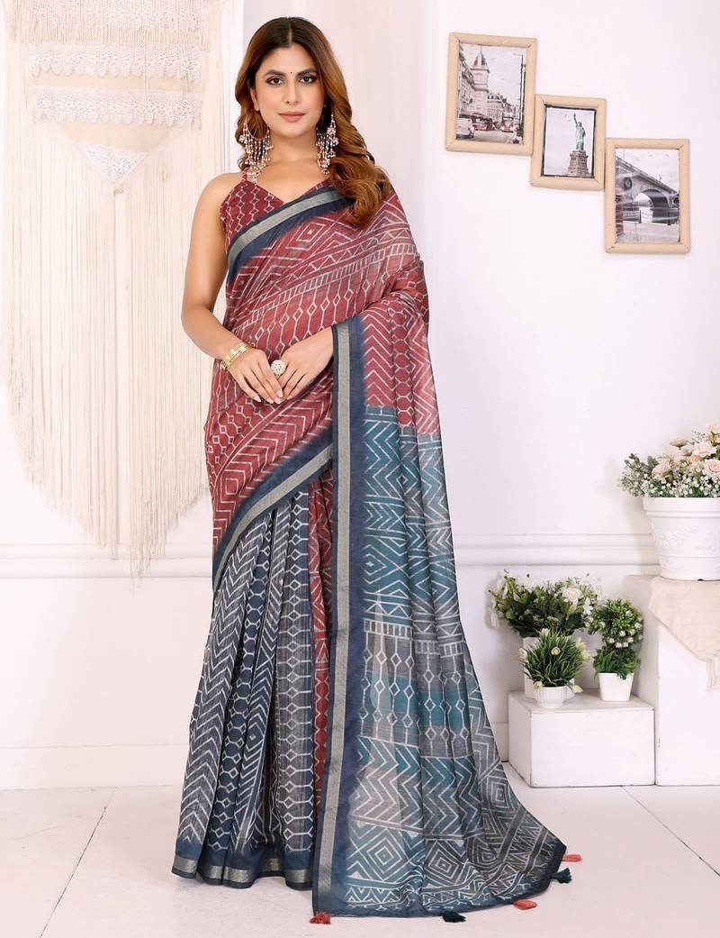 Orange printed art silk designer pallu saree