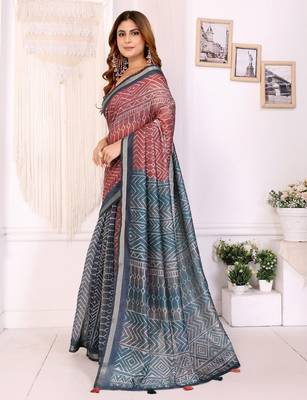 Orange printed art silk designer pallu saree 2