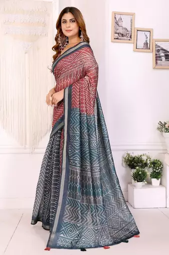 Orange printed art silk designer pallu saree