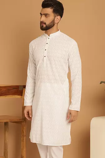 White chikankari cotton embroidery men kurta