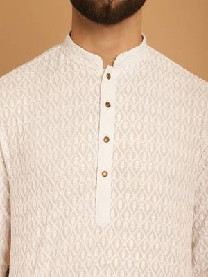 White chikankari cotton embroidery men kurta 4