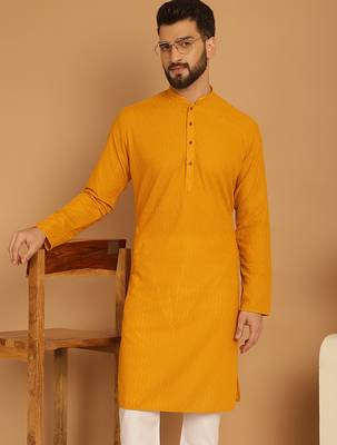 Yellow chikankari cotton embroidery men kurta 1